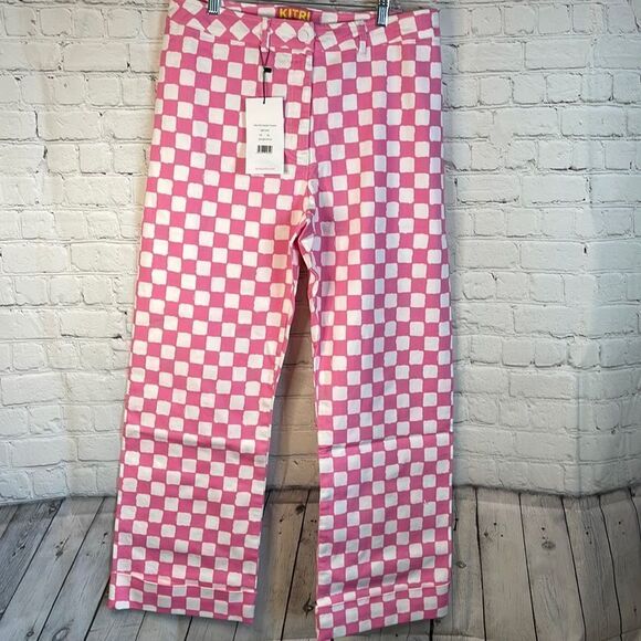 Kitri Jessie Bush Pink and White Checked Trousers size 12, high waisted - Picture 1 of 8